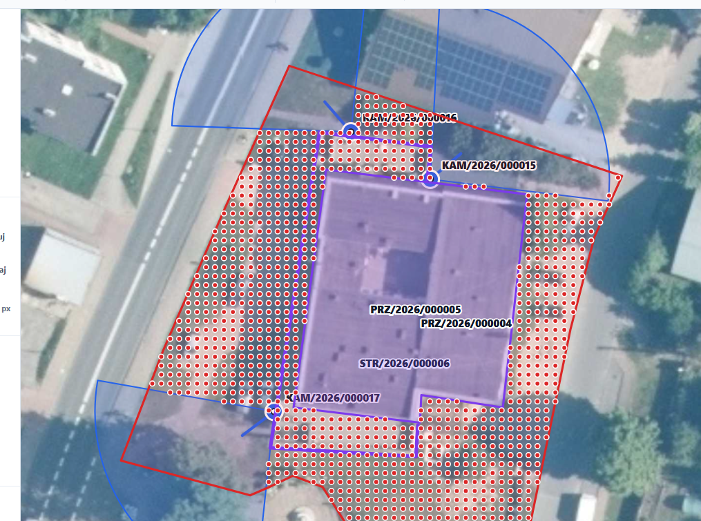 ASK Security Designer — zbliżenie mapy projektu CCTV z analizą obszaru
