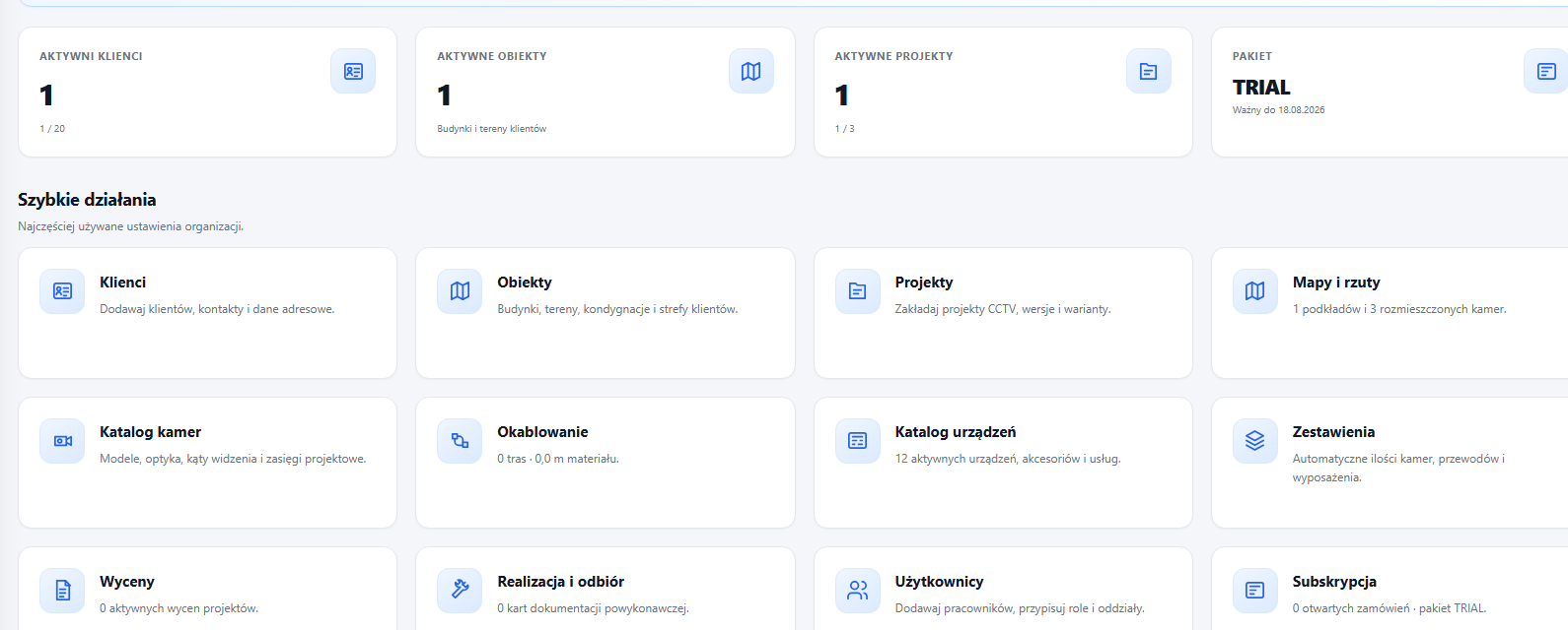 ASK Security Designer — pulpit z najważniejszymi kaflami i szybkim dostępem do modułów